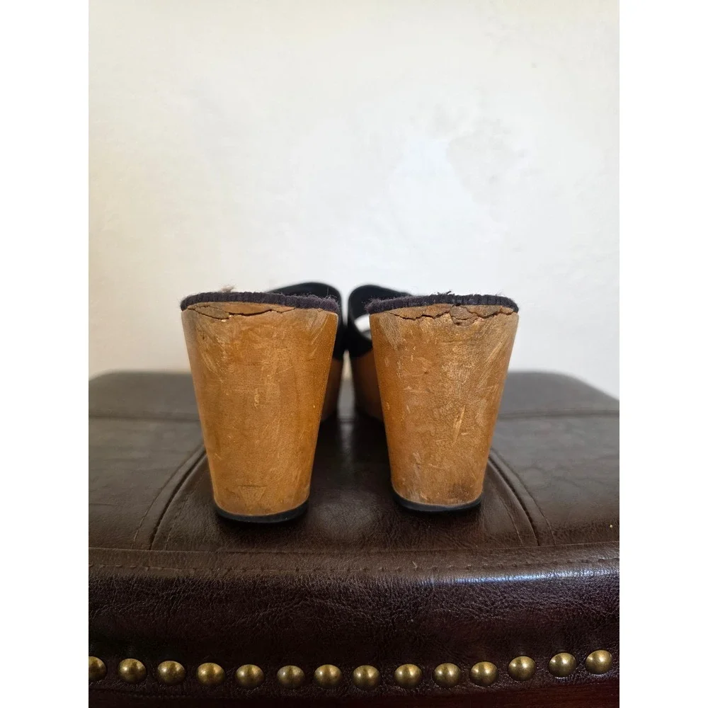 Tory Burch Leather Big Logo Boho Black Wooden Platform Sandals sz 9 READ